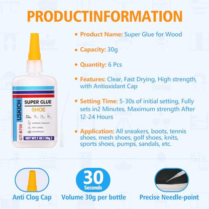 Super Glue for Shoe with Anti Clog Cap.6 X 1 Fl Oz,Ca Glue - Clear Shoe Glue Sole Repair,Waterproof Sneaker Glues for Rubber Soles,Boot,Leather, Heels,Tennis,Strong Boot Fix,Insole Adhesive - style: Shoe-Glue