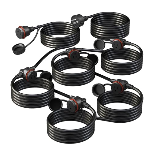 50FT Black Outdoor Extension Cord, Evenly Spaced 6 Outlets Plugs with Waterproof Cover, 16/3 SJTW Weatherproof Multiple Outlets Wire for Holiday Light and Halloween Christmas Decoration, ETL Listed - size: 50FT 6 Outlets Black