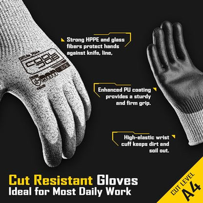 COOLJOB 12/120 Pairs Cut Resistant Safety Work Gloves with Grip, 13 Gauge Seamless Shell with PU Coating, ANSI A2 A4 A6, Gray - size: Large (Pack of 12), style: Ansi A4 Cut Level