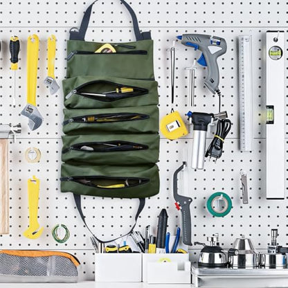 Tool Bag Roll Up,Heavt Duty Tool Organizer Portable Tool Storage Bags Waterproof Oxford Cloth-Zipper Pouch for Men Mechanic, Electricians, Repairman, Green
