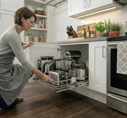 HOLDN’ STORAGE Pull Out Cabinet Organizer, Heavy Duty Caddy w/Lifetime Limited Warranty - 28”W x 21”D - Requires At Least 29-1/4” Cabinet Opening, Steel Metal Cabinet Drawers Slide Out, Chrome - size: 28"W x 21"D