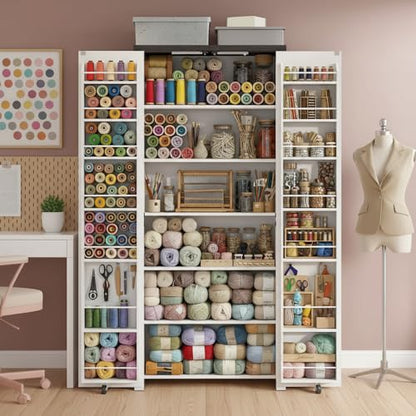NEWOWNDS Craft Storage Cabinet with LED Lights – 72" Adjustable Shelves Sewing Organizer, Multi-Purpose Sewing Cabinet for Craft Room/Home Office Storage