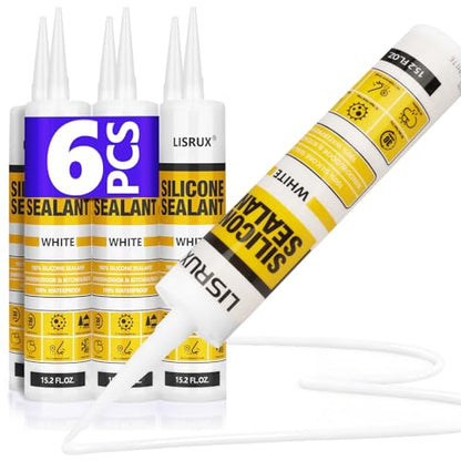 LISRUX Advanced Silicone Caulk for Window & Door, White, 15.2 fl oz Cartridge, 6 Pack - 100% Waterproof Silicone Sealant Indoor Outdoor Caulking, UV Resistant, Stronger Adhesion, Shrink & Crack Proof - size: 6p