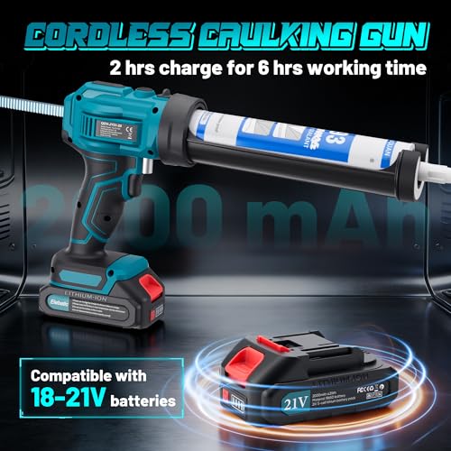 Electric Caulking Gun Cordless with 21V 2 * 2000mAh Rechargeable Batteries, 4 Adjustable Speeds up to 190 mm/min, 450LM built-in LED Light, 9 Pcs Silicone Caulking Tools set for Filling, Sealing