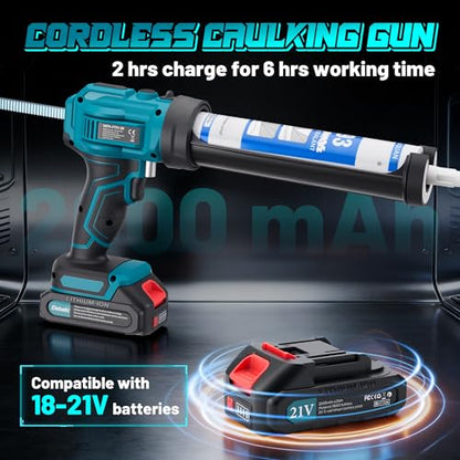 Electric Caulking Gun Cordless with 21V 2 * 2000mAh Rechargeable Batteries, 4 Adjustable Speeds up to 190 mm/min, 450LM built-in LED Light, 9 Pcs Silicone Caulking Tools set for Filling, Sealing