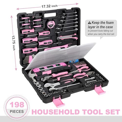 FASTPRO 198-Piece Pink Tool Set, Household Repairing Tool Set with Toolbox, SAE Mechanics Hand Tool Kit for DIY, Home Maintenance