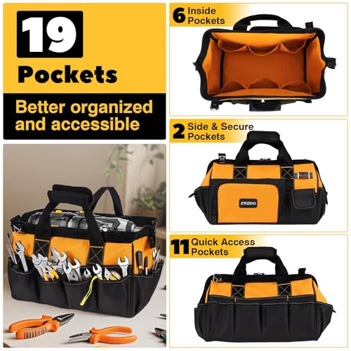 Heavy Duty Tool Bag for men, 16 Inch Tool Box Organizer, Large Portable Canvas Tool storage with 19 Pockets for Truck & Car, Birthday Valentines Day Gifts for Men Dad Electrician Mechanic