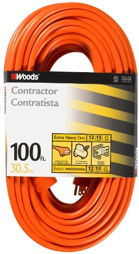Woods Heavy Duty Extension Cord, 100Ft, 12 Gauge, 3 Conductor, General Purpose Cord, SJTW, Orange, 0528