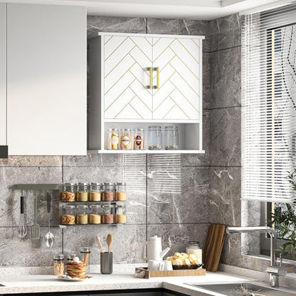White Chevron Pattern Bathroom Wall Mount Cabinet, Stylish Hanging Medicine Cabinet with Open Shelf, Over The Toilet Storage for Bathroom Kitchen (23 5/8" x 22 7/8" x 7 1/8") - style: Chevron Pattern-White