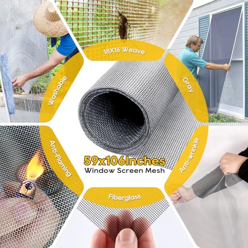 King&Charles Window Screen Door Repair/Replacement Kit, Include Gray Screen Mesh 59"x106"+ 2 Roller+50Ft Spline+8Clips+Hook, 6 in 1 Window Mesh Kit, Steel/Nylon Bearing Roller - color: Gray, size: 59"×106" Kit