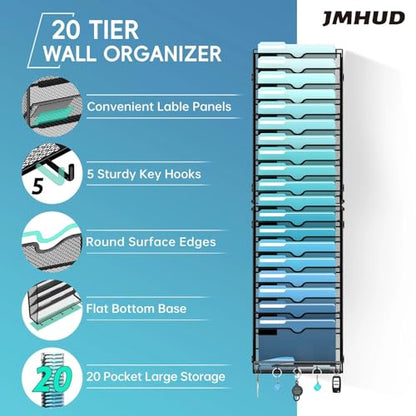20-Tier Wall File Organizer with 5 Hooks, Hanging Mail Organizer Wall Mounted File Holder, Magazine Rack for Papers, Folders, Magazines, Office Organization, Assembly Needed, Black - size: 20 Tier-Black