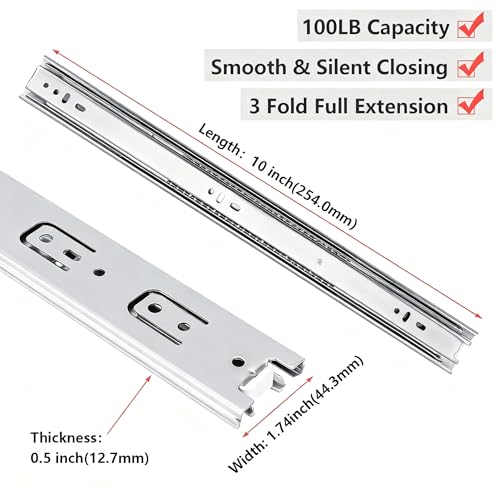 homdiy Side Mount 3 Fold Full Extension Drawer Slides 10 Inch 1 Pair Solid Ball Bearing Cabinet Tracks Heavy Duty Drawer Rails 100 LB Capacity for Kitchen Cabinet Dresser Replacement - size: 10 Inch