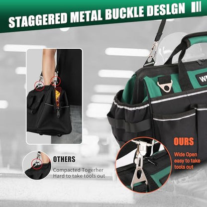Heavy Duty Tool Bag 18-Inch,24-Pockets Portable Tool Bag Organizer, 1680D Oxford with Reinforced Base & Deep Pockets for Electricians, HVAC and Construction, Ideal Holiday Gifts for Men