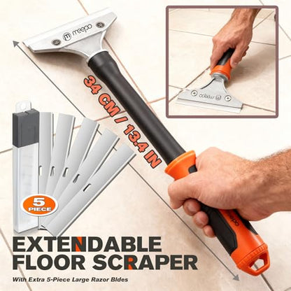 M MEEPO 5 in 1 Razor Blade Scraper & Caulking Tool Set, with 80 pcs Razor Blades & 5 pcs Scraper Blades, Extentable & Detachable Scraper Tool Oven Cleaner Caulk Grout Remover Tool for House Cleaning