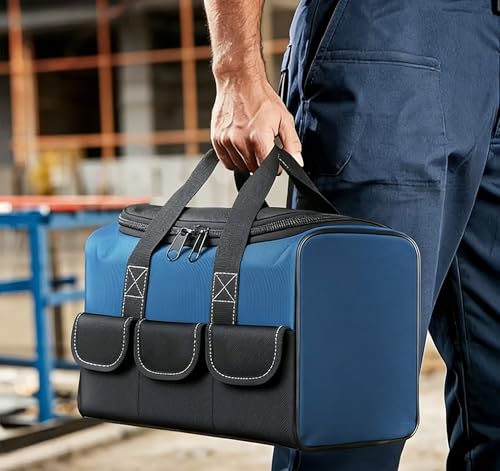 Heavy Duty Tool Bag with Wide Mouth – Durable Polyester, Multiple Compartments & Pockets for Efficient Tool Storage, Carry & Organizer for Men, No Assembly Needed - color: Blue