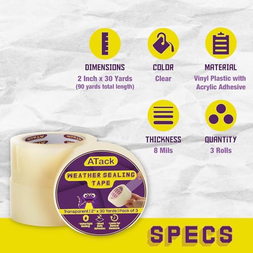 ATack Weather Seal Tape for Windows and Doors 2" x 30yds (3-Pack) - Keep Cold Out for Winter, Residue-Free Stripping, Air Conditioner Sealing - size: 2" x 30 Yards (3-Pack, 90 YdsTotal)