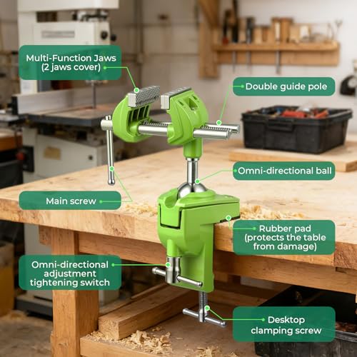 Bench Vise, 360° Swiveling Articulating Vise with Post Universal, Woodworking Vise, 360° Heavy Duty Cast Steel, Table Clamp Vise for Workbench DIY Projects, Handcraft Creations