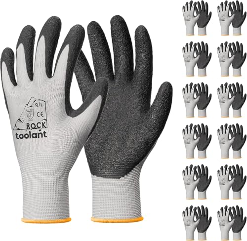 toolant Crinkle Latex Work Gloves Bulk, Rubber Coated Safety Work Gloves for Men and Women, 12 Pairs for Construction, Gardening, Warehouse (Gray, Large) - color: Gray, size: Large