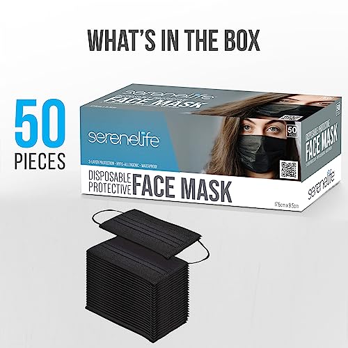 SereneLife 50 Count Disposable Face Masks | Breathable 3-Ply Layers | Made from Non-Woven Fabric | Comfortable Earloops | Daily Use & Personal Care | Easy to Use & Disposable | For Adults (Black) - size: 50 Count (Pack of 2)