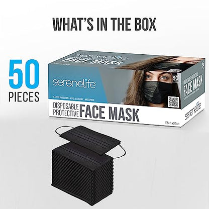 SereneLife 50 Count Disposable Face Masks | Breathable 3-Ply Layers | Made from Non-Woven Fabric | Comfortable Earloops | Daily Use & Personal Care | Easy to Use & Disposable | For Adults (Black) - size: 50 Count (Pack of 2)