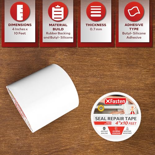 XFasten Waterproof Patch and Seal Tape, White, 4-Inch by 10-Foot Roof and Gutter Rubber Repair Tape for Stop Leak Repair on Gutter, Roof, Boat, Pool Liner and HVAC – Waterproof and Puncture-Resistant - color: White, size: 4-Inch by 10-Feet