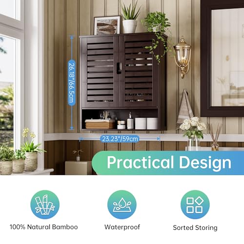 SMIBUY Bathroom Cabinet Wall Mounted, Bamboo Over-The-Toilet Storage Organizer, Space Saver Medicine Cabinet with 2 Door and Adjustable Shelves (Dark Brown) - color: Brown