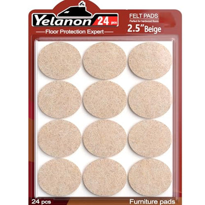Yelanon Felt Furniture Pads for Hardwood Floors -24 Pcs 2.5" Premium Felt Pads for Chair Legs, Floor Protectors for Furniture, Beige - size: 24pcs Beige Round