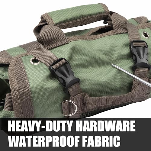 Portable Roll up Tool Bag, Heavy Duty Tool Organizer Bag with 5 Compartments & 2 Detachable Pouches for Tool Storage, Water Resistant Foldable Tool Roll Bag for Dad Men Electrician Mechanic Gift