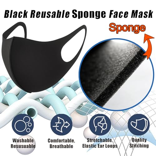 15PCS Black Reusable Face Masks Sponge Washable Breathable for Adult Men Women Dust Protection Not Cloth Fabric (Large)