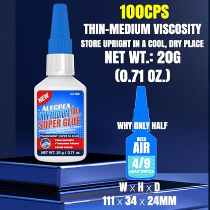 20g Thin-Medium CA Glue (100 CPS), Instant Clear Cyanoacrylate Glue for Wood, Glass, Metal, Paper, Leather, Plastic, Ceramic, Rubber, Jewelry, Woodworking, Hobby Models, and Craft Project - size: Clear/100CPS
