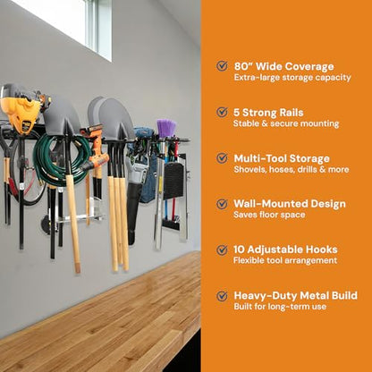 Garage Tool Organizer Wall Mount 80 Inch, Heavy Duty Tool Rack with 5 Racks & 10 Adjustable Hooks, Wall Mounted Garden Tool Storage for Garage, Shed, Holds Shovels, Brooms & Power Tools - size: 10 Hooks