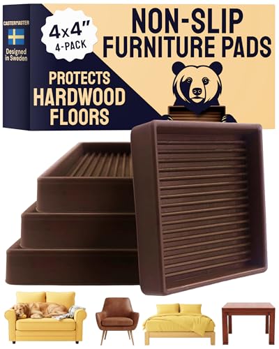 CasterMaster Non-Slip Furniture Pads for Hardwood Floors - 4x4 Inch Square Rubber Caster Cups, Anti-Skid Floor Protectors for Heavy Sofas, Beds & Chairs, Brown, 4 Pack - color: Brown, size: 4'' x 4'' (Pack of 4)