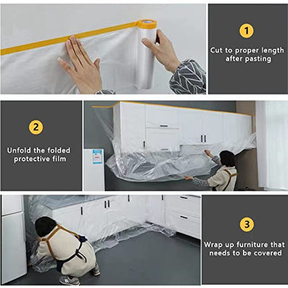 Taped Masking Film - for Automotive Covering Painting Paint Masking, Furniture and Floors and Appliance Protection. (Size - 2.95x 65-Feet roll,3 Pack.Thickness -0.23Mil) - style: 2.95feetX65feet, 3 pack