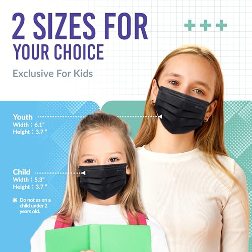 Medtecs Kids Face Mask Disposable - 2 Sizes Option (Child/Youth) 50 PCs - Comfy 3-Ply Breathable Children Masks, The Better Choice - Youth | Black - color: 01. Black, size: Youth - 50 PC