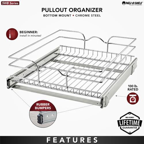 Rev-A-Shelf Kitchen Cabinet Pullout Shelf and Drawer Organizer Slide Out Pantry Storage Basket in Multiple Sizes, 18 x 20 In, 5WB1-1820CR-1 - size: 18" W X 20"d, style: Single Tier
