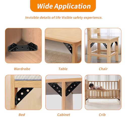 12Pcs Black Universal Stainless Steel Furniture Corner Connector with 80 Screws, Trapeziform Corner Brackets, Angle Corner Brace for Wood Shelves, Chair Drawer Cabinet Tables