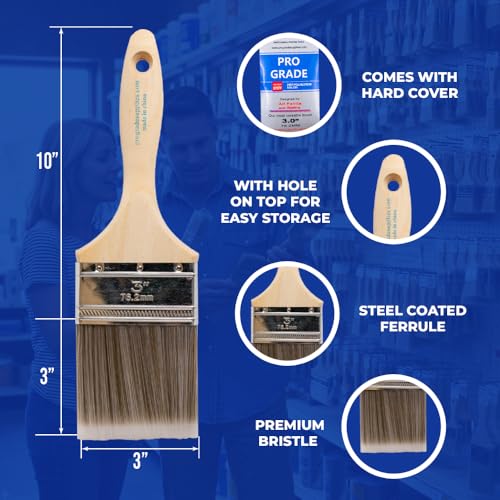 Pro Grade Paint Brushes 3 Inch Flat Paint Brush Set for Walls Trim Cabinets Doors Professional Painter Contractor Interior Exterior 12 Pack