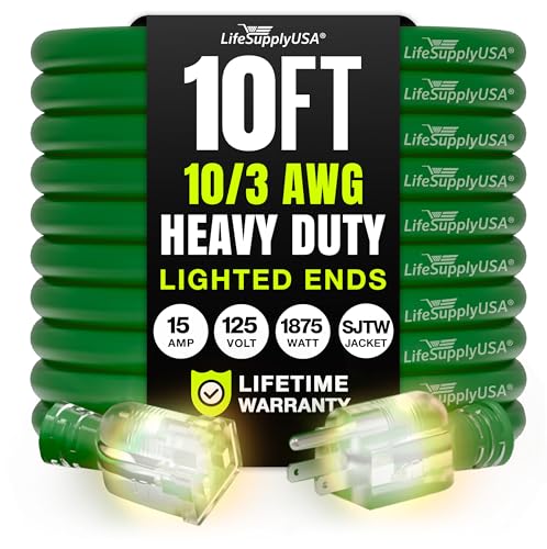 10ft Outdoor/Indoor Extension Cord 10/3 Gauge Ultra Heavy Duty 3 Prong SJTW, Waterproof, Flexible Cold-Resistant Long Power Cord,15A 125V 1875W, Green by LifeSupplyUSA - color: Green, size: 10 FT, style: 10AWG