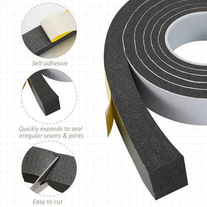 Pangda 2 Rolls 1-1/2 Inch W x 1-1/2 Inch H Expandable Foam Weatherstripping with Adhesive Expandable Foam Density Closed Cell Tape Seal for Uneven Gaps Doors Windows, Black