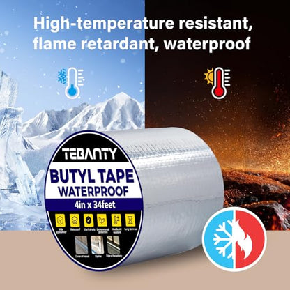 Butyl Tape Waterproof Sealing Tape 4Inch x 34Feet, Aluminum Foil Tape, Butyl Sealant Tape for Pipe Sealing, RV Repair, Window, EDPM Roof Leak Patching, Boat and Pipe Sealing - size: 4 inch x 34 feet