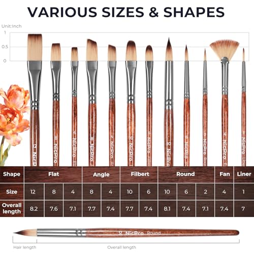 Nicpro 12pcs Paint Brush Set, Craft Paint Brushes for Acrylic Painting, Oil, Watercolor, Gouache, Painting Brushes Kit with Flat Fan Round Angle Filbert, Art Supplies for Artists and Beginners - color: Reddish Brown