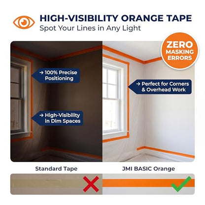 Pre-Taped Masking Film Sets - 1 Roll, Orange Tape and Drape Painters Plastic Sheeting for Painting, High Visibility Paint Plastic Covering Overspray Protection - 65 Feet (1, 59 Inch) - size: 59 Inch