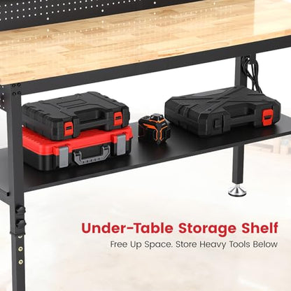 ENJOYWOOD 60'' Heavy Duty Workbench 3000 LBS Load Capacity Adjustable Height Garage Work Bench with Pegboard, Storage Shelf, Power Outlets and LED Light - size: XXXXX-Large