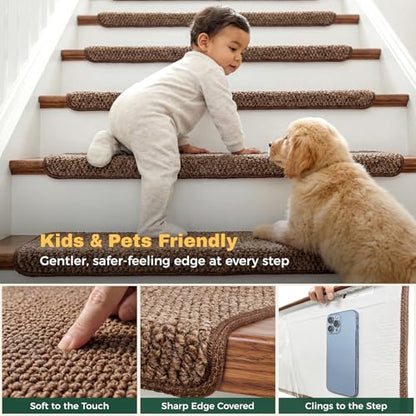 MBIGM Bullnose Non-Slip Stair Treads w/Reusable Adhesive 14 Pack 9.5" x 30" Wooden Steps Protection - TPU Backing with Steel Reinforcement - Anti-Slip Solution Knitted Brown Non Slip Stair Tread - color: Brown - Knitted