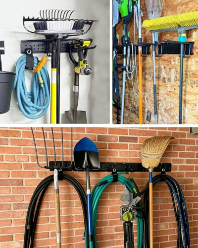 64-Inch Garage Storage Tool Organizer Wall Mount, Heavy Duty Garage Organization Metal Rack with 12 Hooks, Garden Tool Hanger Holder for Broom, Shovels, Ladders, Lawn Tools - size: 64" 4 Panels & 14 Hooks