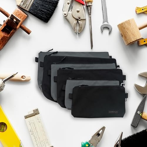 COREFLEX Premium Tool Pouch Zipper Bag, Small Tool Bag, Multipurpose Storage pouch, Heavy duty Flat Bottom Tool bag with YKK Zipper (6 pack Combo mixed size Black &Grey) - size: 6 pack Combo mixed size Black &Grey