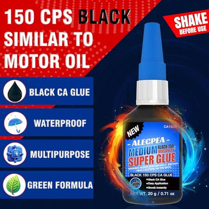 20g Black Medium CA Glue (150 CPS), Premium Cyanoacrylate Super Glue for Wood, Glass, Metal, Paper, Leather, Plastic, Ceramic, Rubber, Jewelry, Woodworking, Hobby Models, and Craft Project - size: Black/150CPS