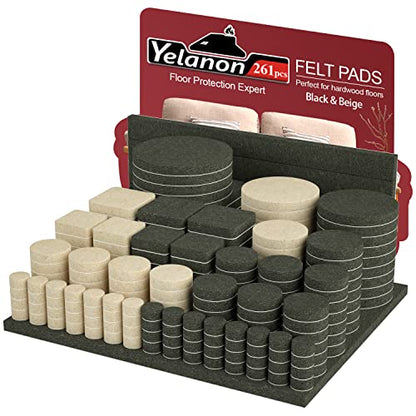 Yelanon Felt Furniture Pads for Hardwood Floors -261 Pcs Premium Floor Protectors for Furniture, Felt Pads for Chair Legs, Black & Beige - size: 261 pcs Black & Beige