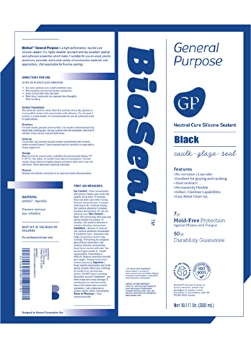 Black BioSeal 100% Silicone Sealant Caulk General Purpose, Waterproof and No Odor 10.1 Ounce Cartridge -Black (1)