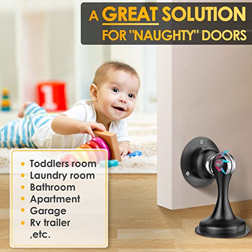 Door Stoppers Magnetic Door Catch - Stainless Steel Heavy Duty Door Holder Stops for Bottom Top of Door - Wall Floor Mounting No Drill 3D Adhesive & Screws Strong Magnet Keep Door Open 4 Pack - style: 4 Pack-Black